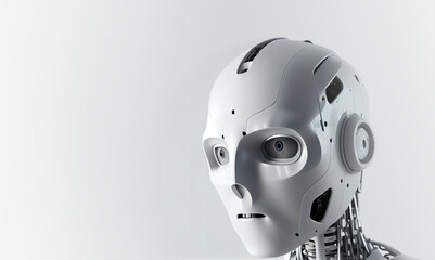 A silver humanoid AI Robot Head with a thinking expression. Generative AI.