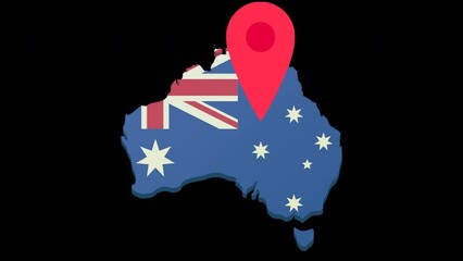 Wall Mural - Animation loop in flat design style of a jumping red map marker on the 3D map of Australia in the colors of the Australian flag with alpha channel for transparency