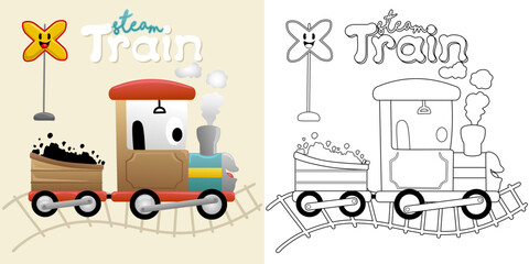 Wall Mural - Vector illustration of cartoon steam train with railway sign. Coloring book or page for kids