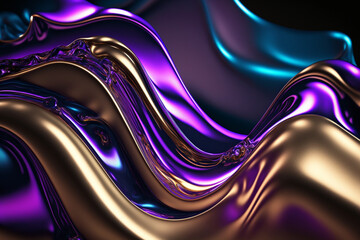 Wall Mural - shiny purple and blue chrome plastic liquid textured waves made by generative ai