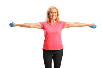 Poster - Smiling mature woman exercising with dumbbells