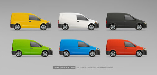 Wall Mural - Realistic vector Company Cars. White, red, yellow delivery Car for Branding and promo advertising design. Black and blue Cargo Van isolated. Editable template