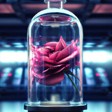 Beautiful Pink Rose In Glass Jar In Futuristic Spaceship Or Laboratory Generative Ai Illustration
