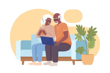 Poster - Senior citizens learning how to use laptop 2D vector isolated illustration. Pensioners watching video flat characters on cartoon background. Colorful editable scene for mobile, website, presentation