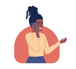 Poster - Talking on phone for hours 2D vector isolated illustration. Talkative friendly woman with smartphone flat character on cartoon background. Colorful editable scene for mobile, website, presentation
