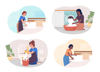Aufkleber - hotel housekeeping duties 2d vector isolated illustration set. bed making. cleaning toilet. maids fl