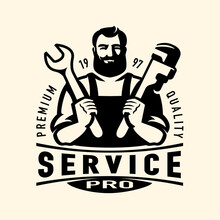 Construction Service, Building Emblem Or Logo. Builder With Tools Symbol. Vector Illustration