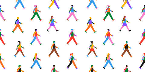 Wall Mural - diverse colorful people group walking together seamless pattern illustration. rainbow color characte