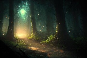 Wall Mural - Magical fantasy fairy tale scenery, night in a forest ,made with Generative AI