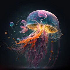 Wall Mural - Beautiful blue jellyfish in deep dark water ,made with Generative AI