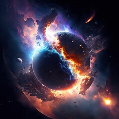 Wall Mural - Meteor planet impact on earth, Asteroid on fire exploding in collision with planet, View from space ,made with Generative AI