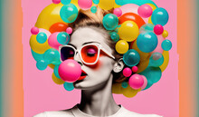Fashion Girl With Bubble Gum Bubbles. 60s Retro Pop Art Illustration, Generative AI