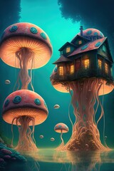 Wall Mural - Fantasy fairytale house inside giant mushroom in fairytale forest ,made with Generative AI