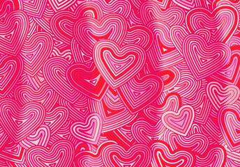 Poster - Valentine's Day greeting card template or background with hearts and line ornament. Retro fashion hippie psyhedelic design.