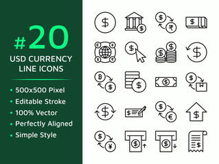 Aufkleber - set of usd currency vector icons in line style design for website, app, ui, isolated on background. 