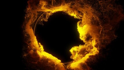 Poster - 4k loop abstract burning ring of fire on black background. rotating fiery orange smoke, inter-dimens