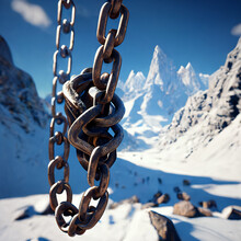 Winter Taiga Where Against The Backdrop Of Winter Big Mountains And A Metal Chain In The Foreground As If Someone Got Out Of A Secret Laboratory In The Winter Mountains And Is Going To Take Revenge