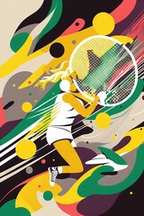 Wall Mural -  a woman holding a tennis racquet on a colorful background with splashes of paint and spray paint on it, with a splash of color on the background, the image is a woman. generative ai