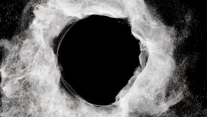 Poster - abstract background of white particles whirling on a ring, circle spinning as a portal to other dime