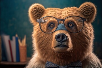  a brown bear wearing glasses and a bow tie with a bookcase in the background and a blue wall behind it, with a bookcase and a pen and a pencil holder on the. generative ai