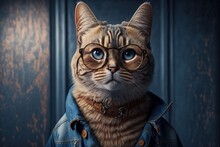  A Cat Wearing Glasses And A Denim Jacket With A Collar Around It's Neck And A Collar Around Its Neck, With A Wooden Background And A Door Behind It, A Blue Door. Generative Ai Generative Ai
