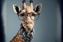  A Giraffe Wearing Glasses And A Scarf Around Its Neck With A Blue Background And A Blue Sky Background Behind It, With A Giraffe's Head Wearing Glasses And A Scarf. Generative Ai Generative Ai