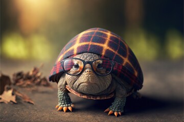  a turtle wearing glasses and a hat with a plaid pattern on it's head and neck, with a plaid pattern on its head and legs, and feet, with a pair of glasses on its head,. generative ai generative ai