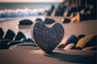 Heart shaped rock on a beach with a seascape Generative Ai