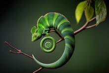  A Green Chamelon Sitting On A Branch With A Spiral Shaped Tail And Tail Curled Up To The Side Of Its Head, With A Green Background Of A Dark Green Leaf And Black. Generative Ai Generative Ai