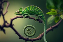  A Green Chamelon Sitting On A Branch With A Spiral In The Middle Of It's Tail And A Green Background Behind It, With A Spiral In The Foreground, A Green Background,. Generative Ai Generative Ai