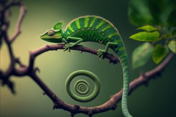  a green chamelon sitting on a branch with a spiral in the middle of it's tail and a green background behind it, with a spiral in the foreground, a green background,. generative ai generative ai