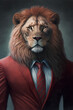 Important lion in a business suit. AI generation