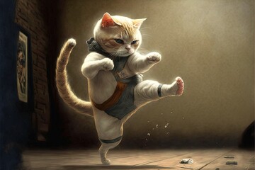 the cat karate fighter in a kimono illustration generative ai