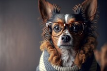  A Dog Wearing Glasses And A Sweater With A Scarf Around It's Neck And A Sweater Around Its Neck, With A Dog Wearing Glasses On Top Of It, And Looking At The Camera.