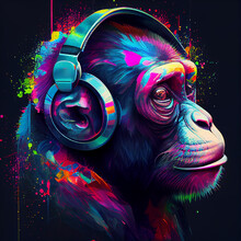 Ape Wearing Headphones. AI Generative..