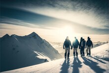  A Group Of People Walking Up A Snow Covered Slope With The Sun Shining Down On Them And Mountains In The Background, With A Few Clouds In The Sky, And A Few Light, With A Few.