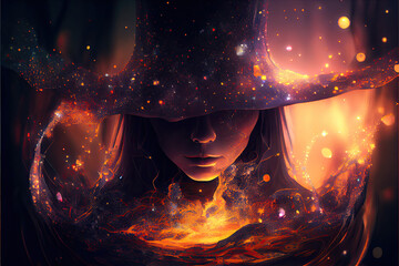 Wall Mural - Fire witch portrait - by generative AI 