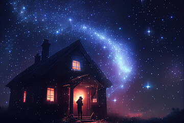 Wall Mural - house in the night, starry night sky - By Generative AI 