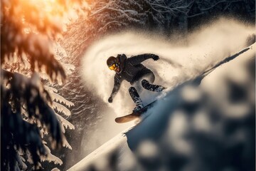  a man riding a snowboard down a snow covered slope in the snow with trees in the background and sun shining on the snow covered ground behind him and behind him, with a snow. generative ai