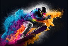  A Man Riding A Snowboard Through Colored Powder On A Black Background With A Black Helmet On And A Rainbow Colored Powder Behind Him And A Black Background With A Black Background With A White.