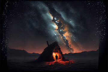 Wall Mural - Beautiful night sky, cottage in nature - By Generative AI