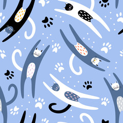 Wall Mural - Cute colorful hand drawn cats with paws shape on blue background. Seamless vector cute pattern with pet animal. Print for nursery