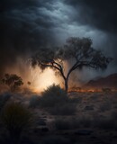 Fototapeta Na sufit - outback landscape. outback stormy night sky. lighting bolt casting it's light on the barren outback landscape rural road path. 