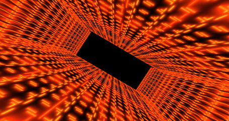 Poster - Abstract orange futuristic tunnel square rectangular grid of glowing neon lines digital beautiful magical energy on a dark background. Abstract background
