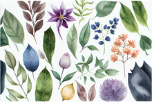 Artistic Nature: A Hand-drawn Seamless Watercolor Pattern With Purple Flowers And Leaves, AI Generated