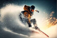  A Man Riding A Snowboard Down A Snow Covered Slope In The Snow At Sunset Or Dawn With A Helmet On And Skis On His Feet And Skis In The Air, With A Snow. Generative Ai