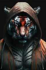 Sticker -  a tiger with a hoodie on and a hoodie on, with a hood on it's face, is shown in front of a dark background with a black background with a red and orange. generative ai