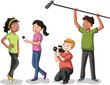 Cartoon teenagers interviewing a girl. Kids working as journalist, cameramen and audio recorder.