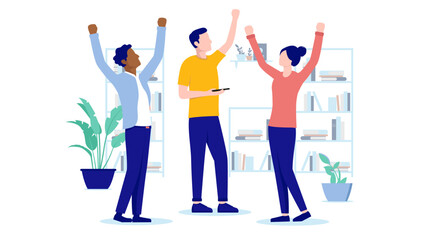 Poster - Cheerful office people - Small team of men and woman cheering raised hands celebrating achievement. Flat design vector illustration with white background