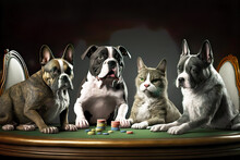 Dogs Playing Poker With The Cat.AI Generated Illustration. 